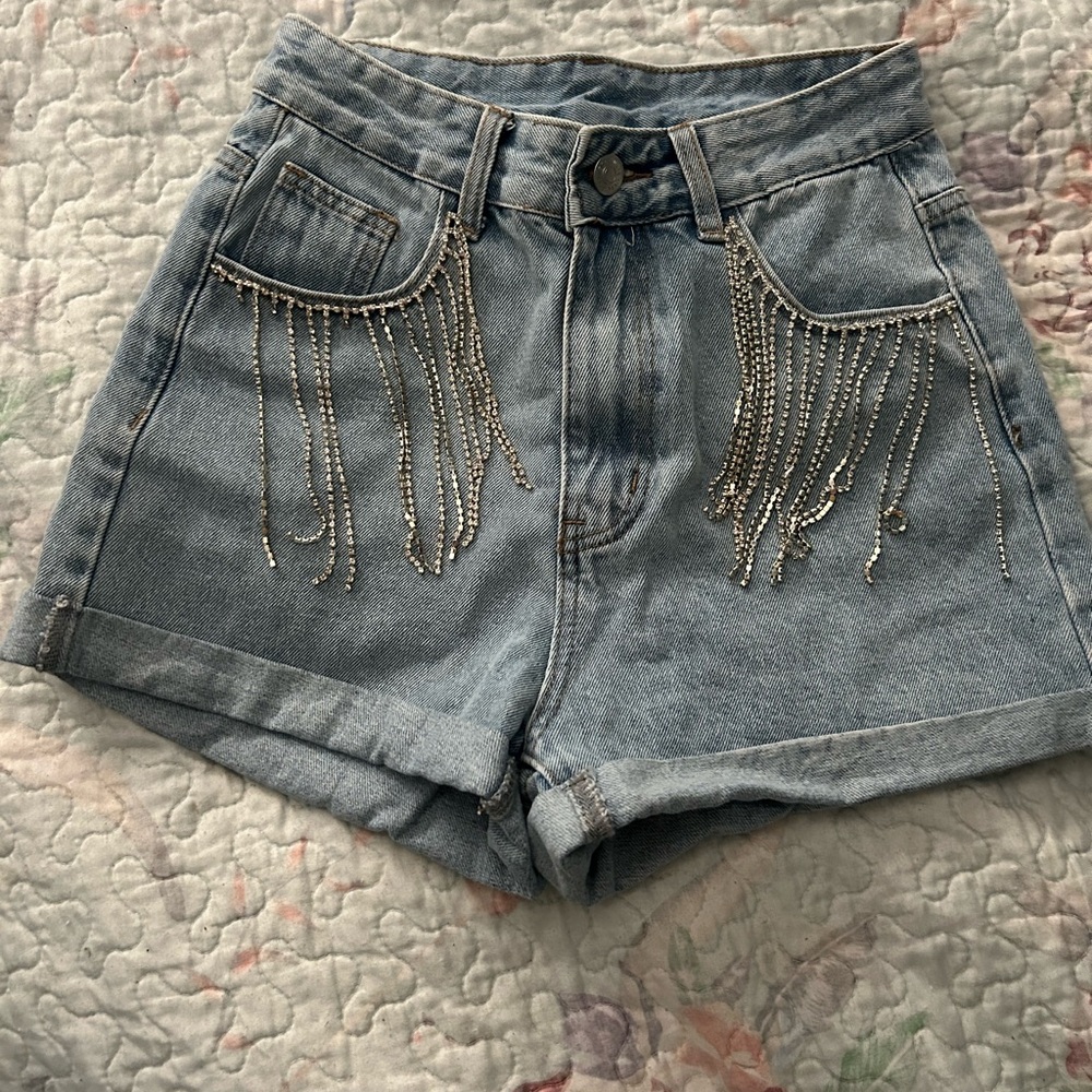 Denim Shorts with Rhinestone Chain Detail